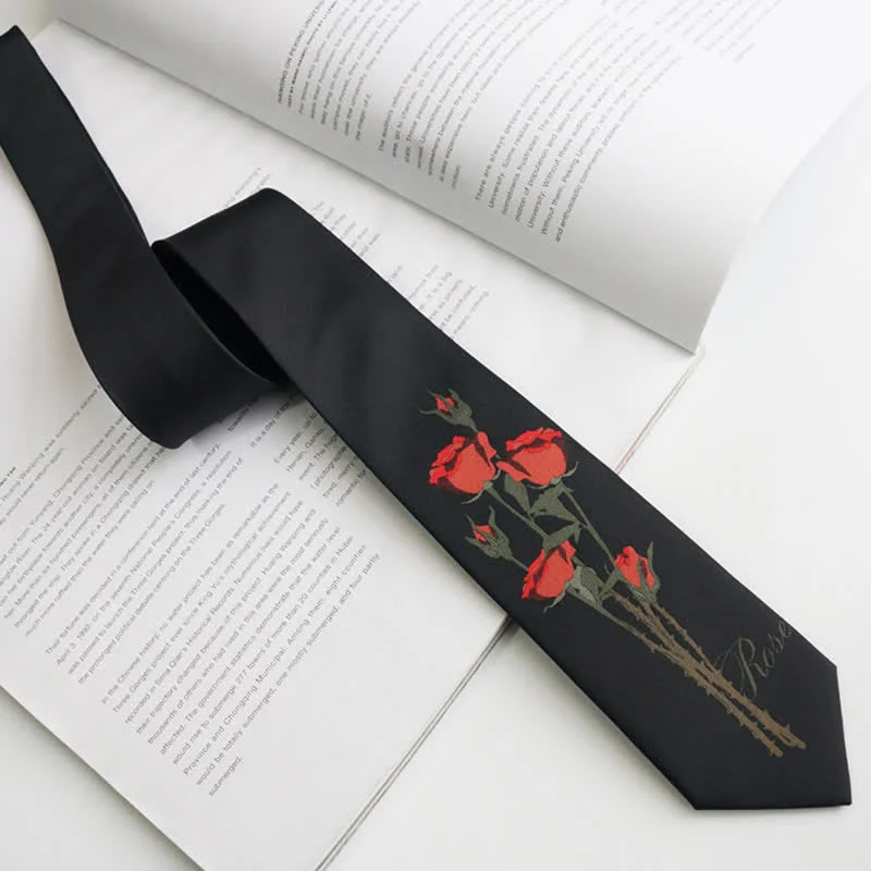 Men's Romantic Black A Bunch Of Red Roses Pattern Necktie - Image 4
