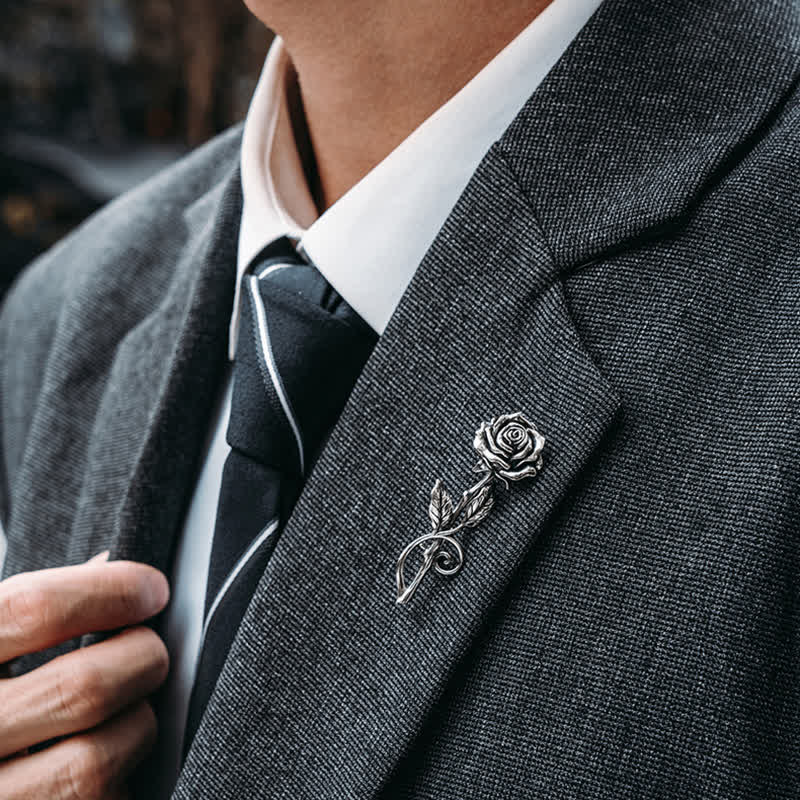 Men's Romantic Gentleman 3D Silver Rose Brooch - Image 2