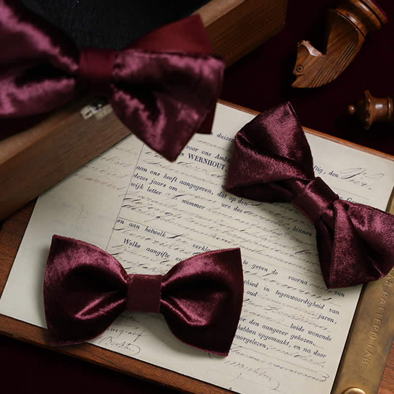 Men's Romantic Velvet Burgundy Handkerchief Bow Tie - Image 4