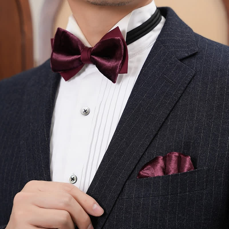 Men's Romantic Velvet Burgundy Handkerchief Bow Tie - Image 5