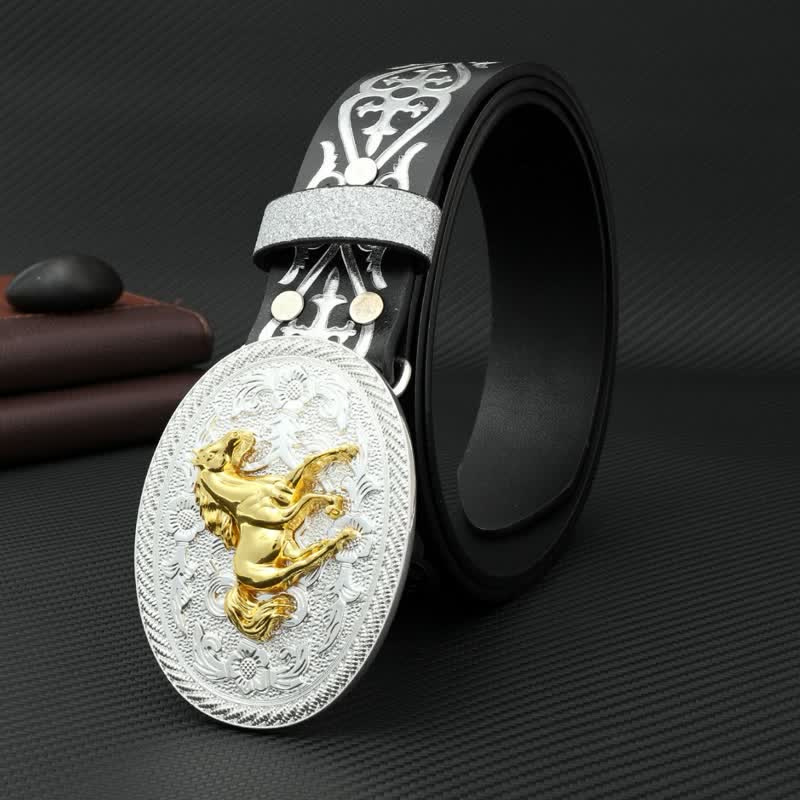 Men's Round Running Horse Silver Embossed Leather Belt - Image 2