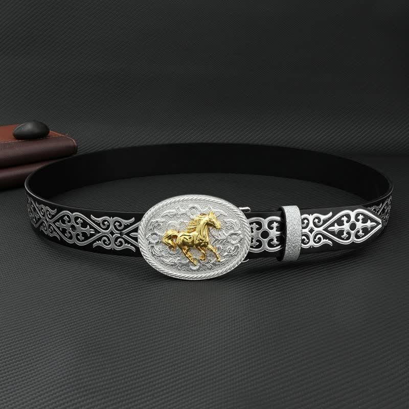 Men's Round Running Horse Silver Embossed Leather Belt - Image 3