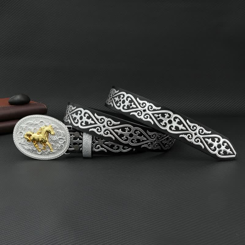 Men's Round Running Horse Silver Embossed Leather Belt - Image 4