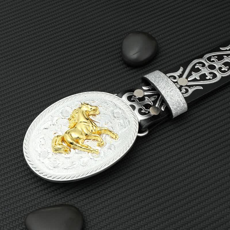 Men's Round Running Horse Silver Embossed Leather Belt - Image 5