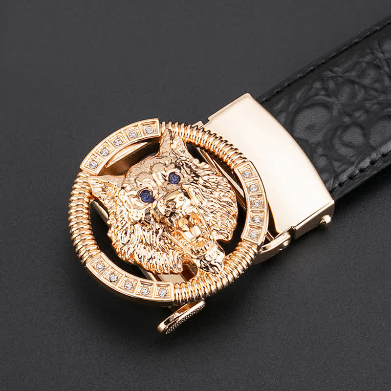 Men's Round Wolf Rhinestone Automatic Buckle Leather Belt - Image 5