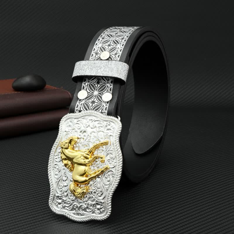 Men's Running Horse Silver Weave Embossed Leather Belt - Image 2