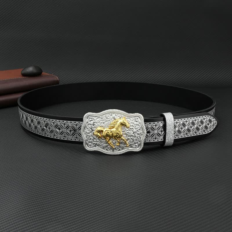 Men's Running Horse Silver Weave Embossed Leather Belt - Image 3