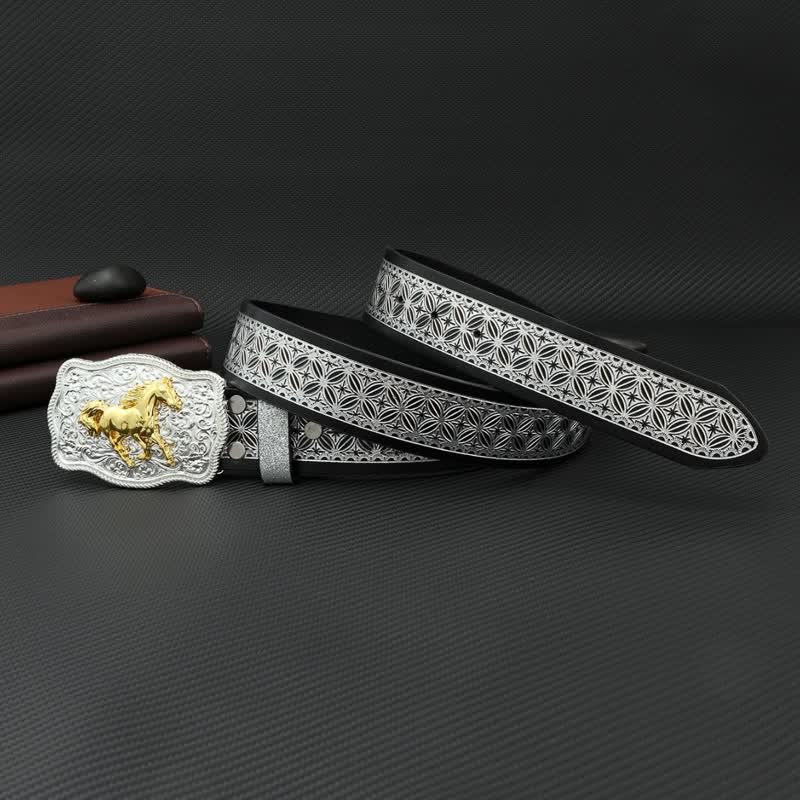 Men's Running Horse Silver Weave Embossed Leather Belt - Image 4