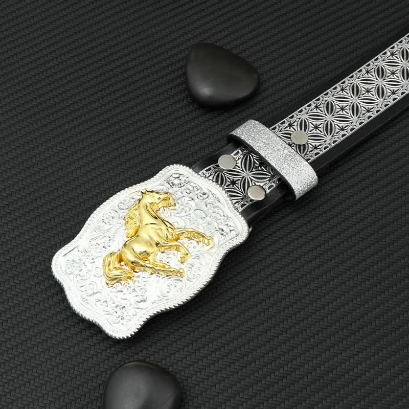 Men's Running Horse Silver Weave Embossed Leather Belt - Image 5