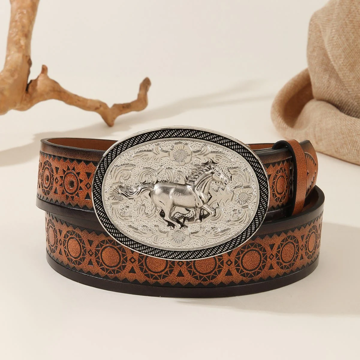Men's Running Horse Silver Oval Buckle Embossed Leather Belt