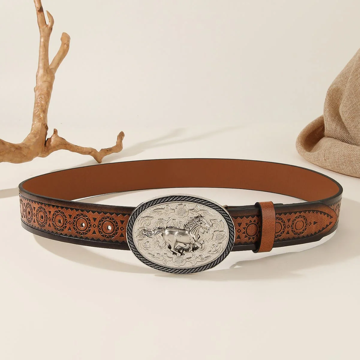 Men's Running Horse Silver Oval Buckle Embossed Leather Belt - Image 3