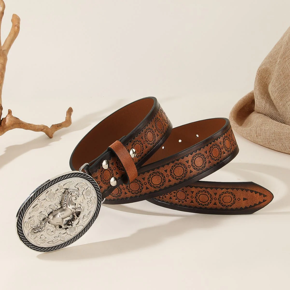 Men's Running Horse Silver Oval Buckle Embossed Leather Belt - Image 4