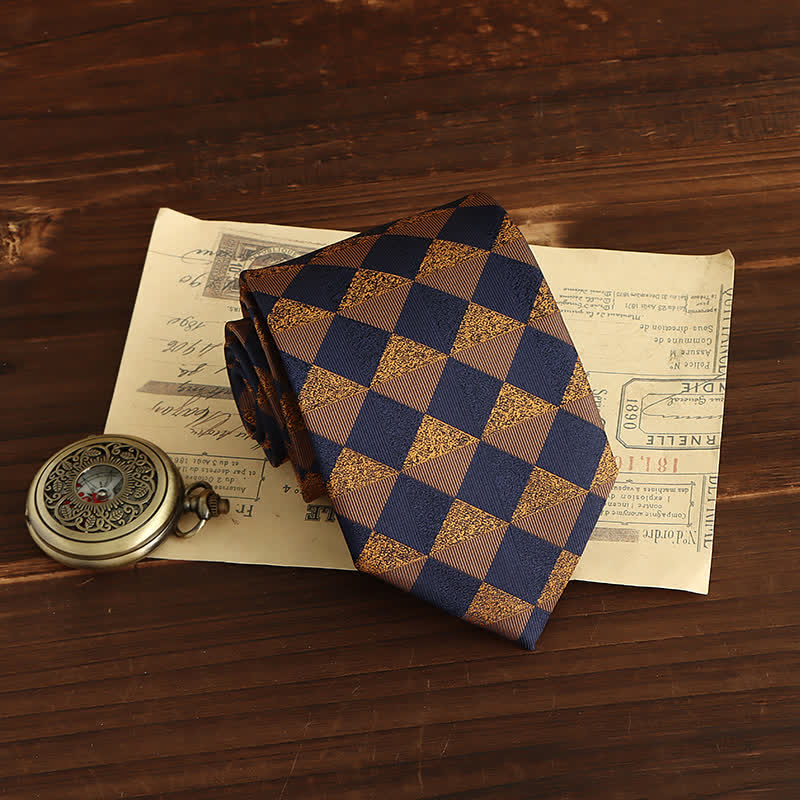 Men's Rustic Gold & Navy Checked Necktie - Image 2