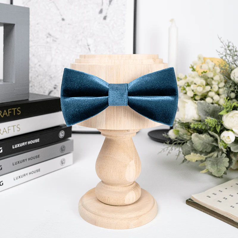 Men's Sax Blue Solid Color Velvet Bow Tie - Image 3