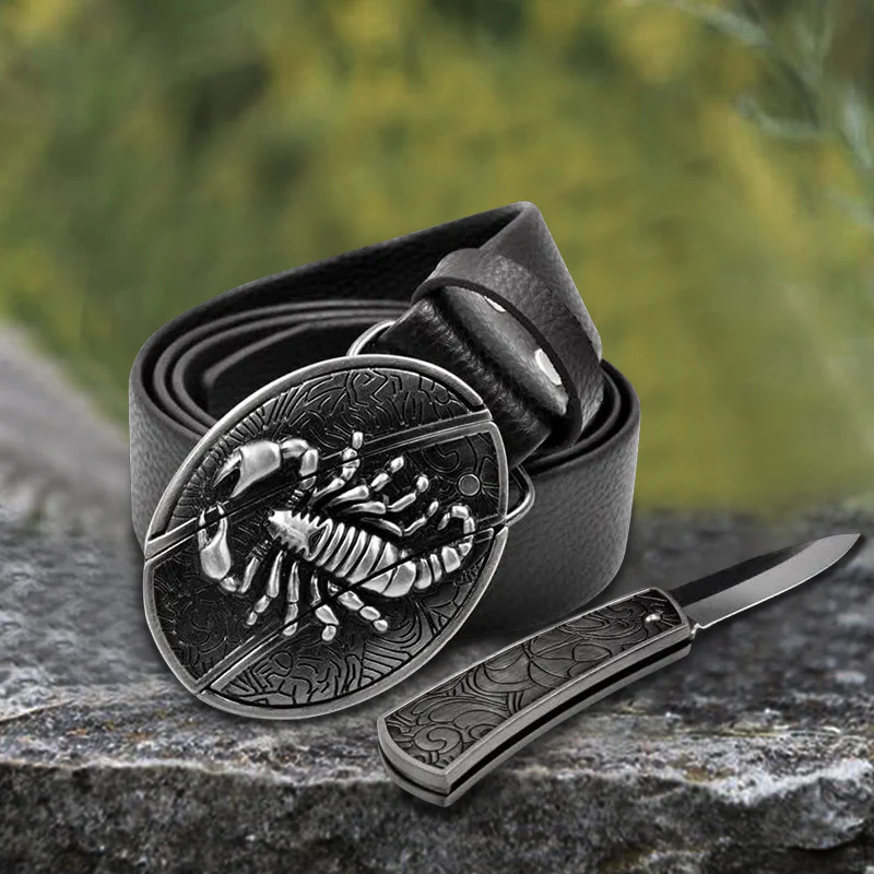 Men's Scorpion Leather Belt With Folding Knife - Image 3