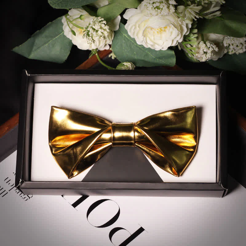 Men's Shining Modern Metallic Gold Leather Bow Tie - Image 6