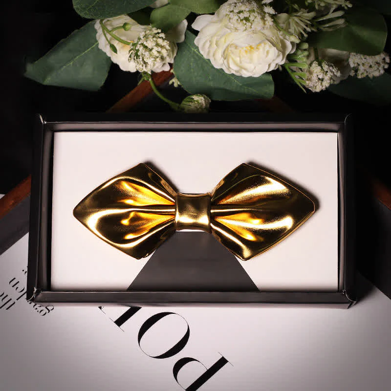 Men's Shining Modern Metallic Gold Leather Bow Tie - Image 7