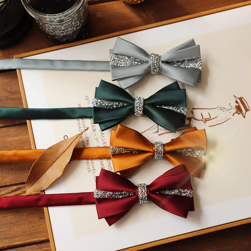 Men's Shining Rhinestone Satin Bow Tie Pocket Square Set