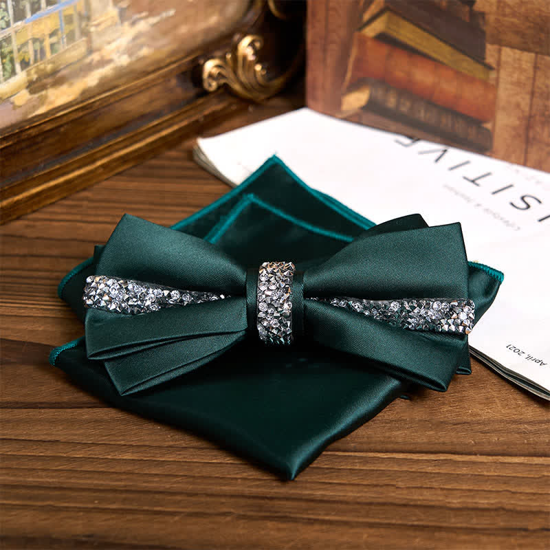 Men's Shining Rhinestone Satin Bow Tie Pocket Square Set - Image 11