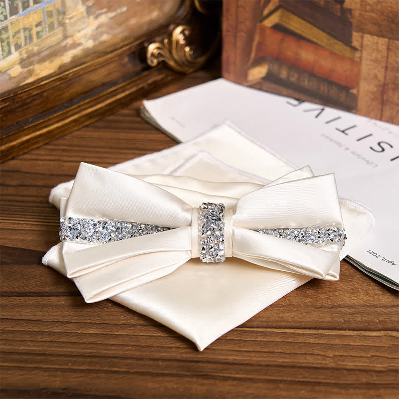 Men's Shining Rhinestone Satin Bow Tie Pocket Square Set - Image 17