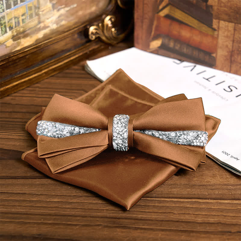 Men's Shining Rhinestone Satin Bow Tie Pocket Square Set - Image 21