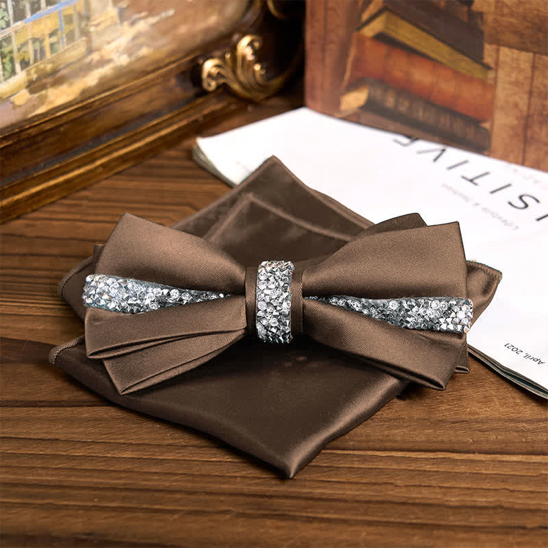 Men's Shining Rhinestone Satin Bow Tie Pocket Square Set - Image 25