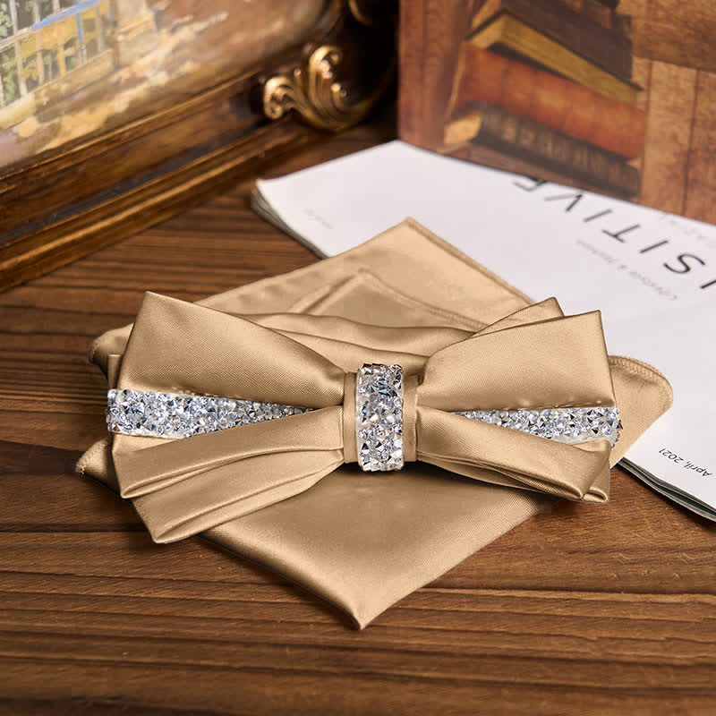 Men's Shining Rhinestone Satin Bow Tie Pocket Square Set - Image 27