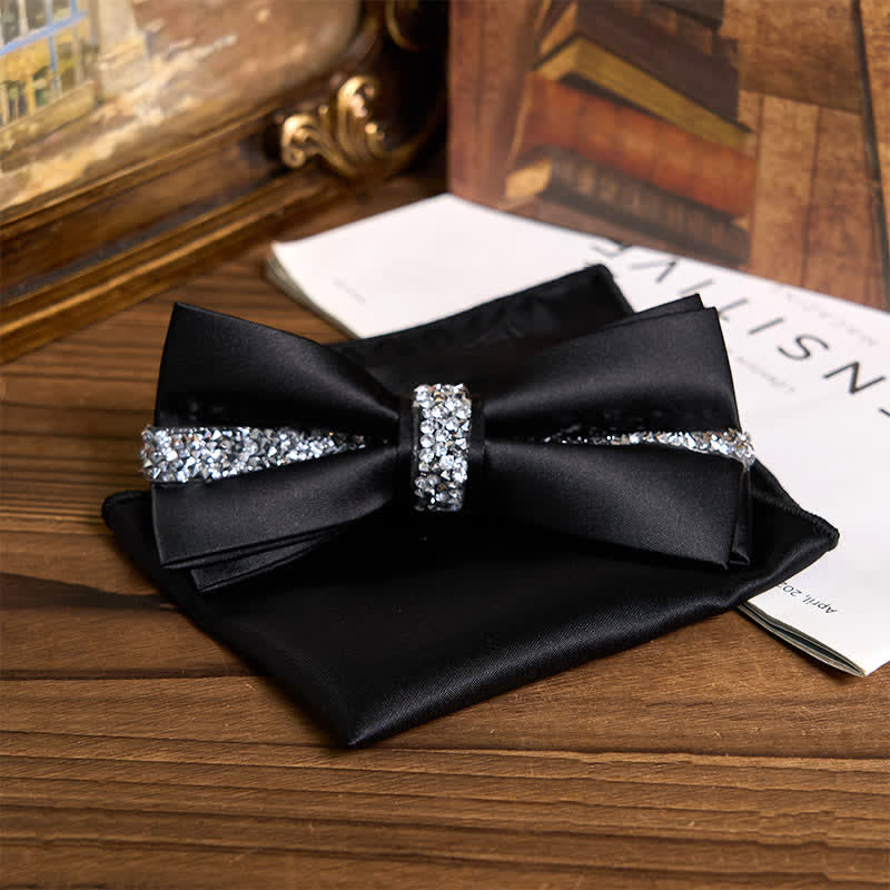 Men's Shining Rhinestone Satin Bow Tie Pocket Square Set - Image 4