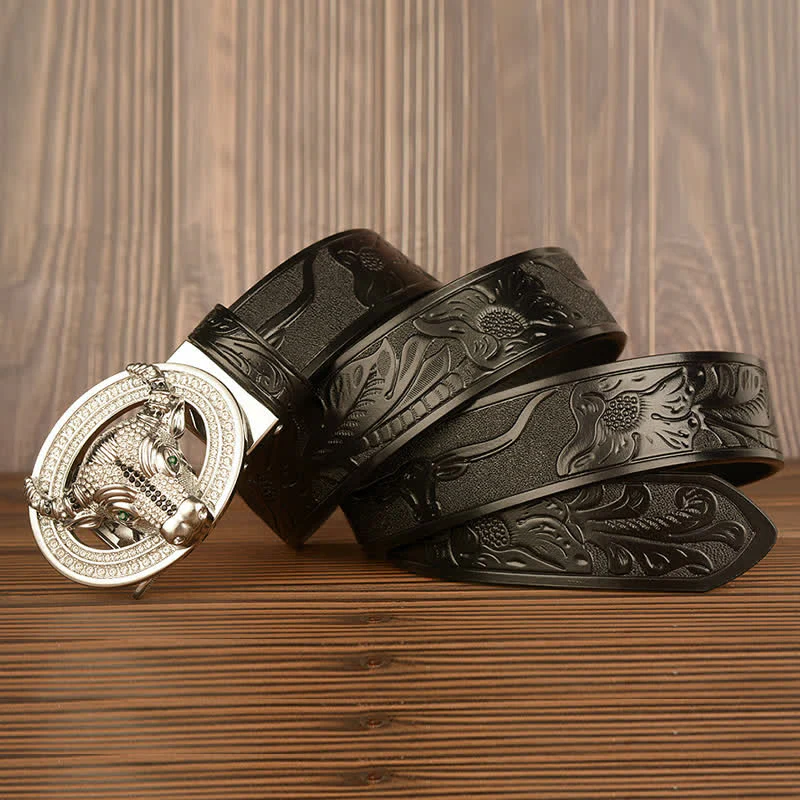 Men's Shinning Rhinestone Bull Automatic Buckle Leather Belt - Image 11