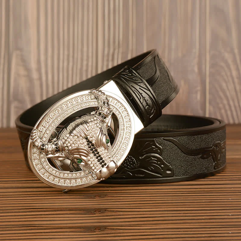 Men's Shinning Rhinestone Bull Automatic Buckle Leather Belt - Image 12