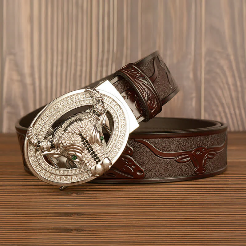 Men's Shinning Rhinestone Bull Automatic Buckle Leather Belt - Image 8