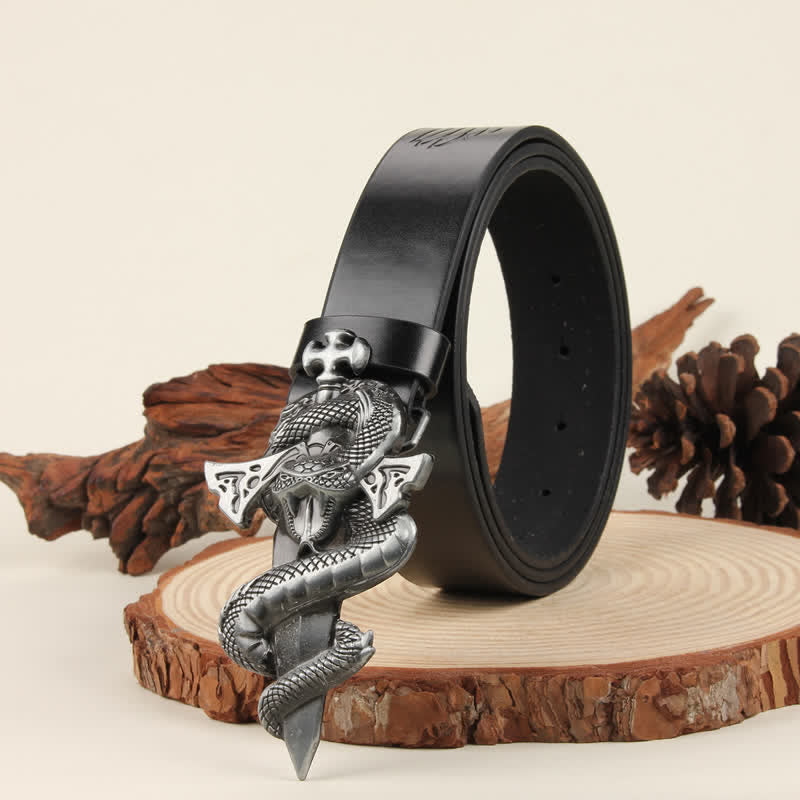 Men's Silver 3D The Dagger & The Cobra Buckle Leather Belt - Image 6