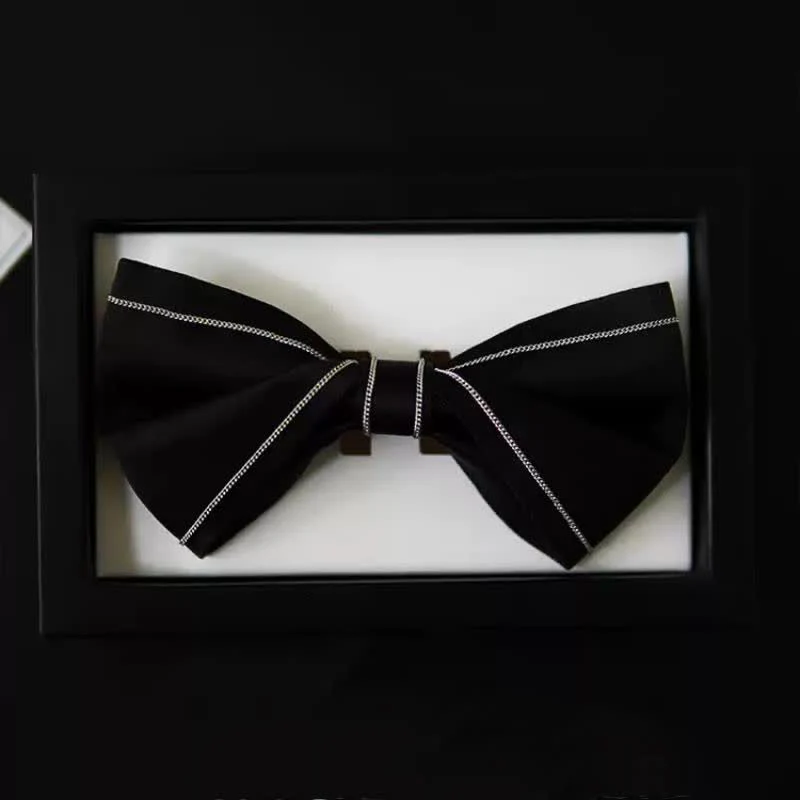 Men's Silver Accents Chain Solid Black Bow Tie - Image 4