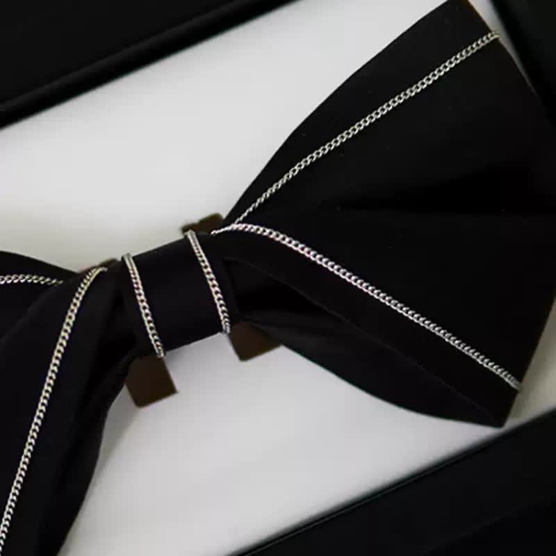 Men's Silver Accents Chain Solid Black Bow Tie - Image 5