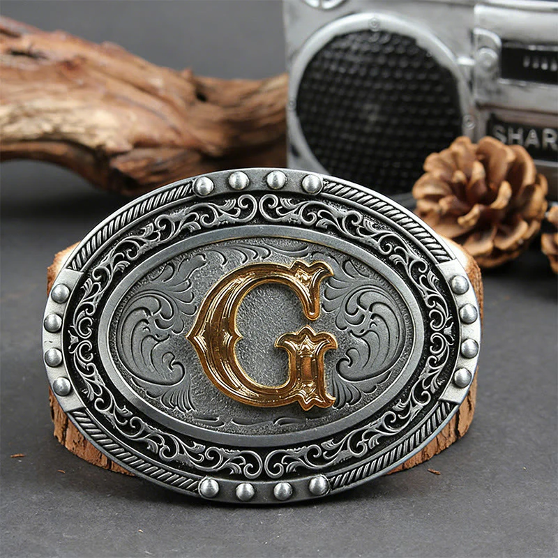 Men's Silver Black Oval Golden Letter Buckle Leather Belt - Image 15