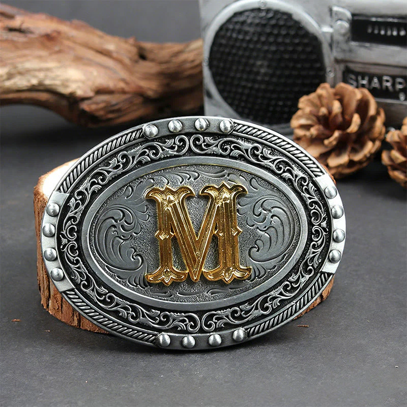 Men's Silver Black Oval Golden Letter Buckle Leather Belt - Image 21