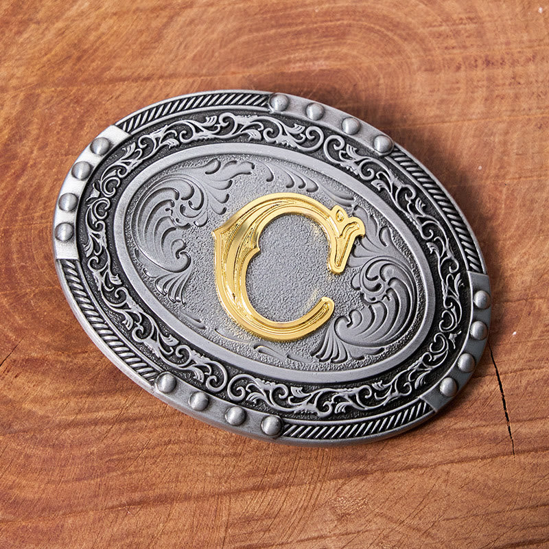 Men's Silver Black Oval Golden Letter Buckle Leather Belt - Image 4