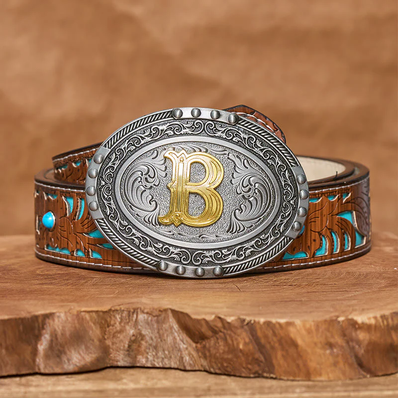Men's Silver Black Oval Golden Letter Buckle Leather Belt - Image 7