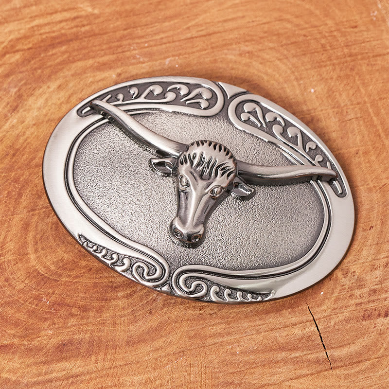 Men's Silver Bull Head Carved Buckle Leather Belt - Image 2