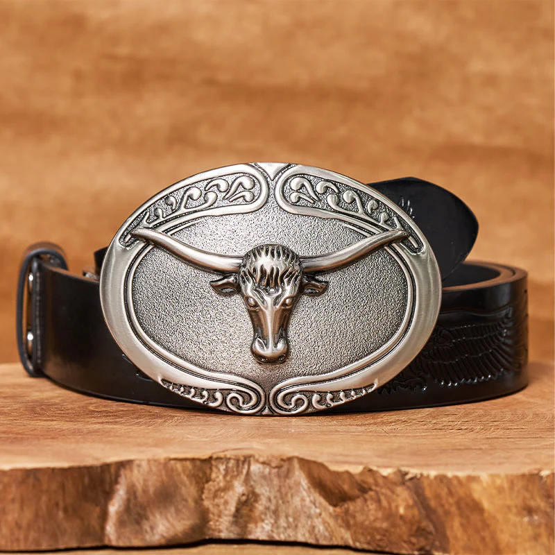 Men's Silver Bull Head Carved Buckle Leather Belt - Image 3