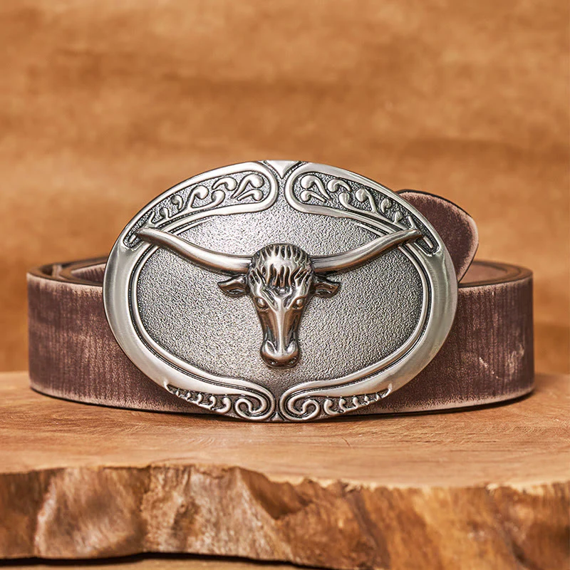 Men's Silver Bull Head Carved Buckle Leather Belt - Image 6