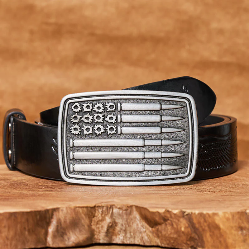 Men's Silver Bullet Rectangular Buckle Leather Belt - Image 3