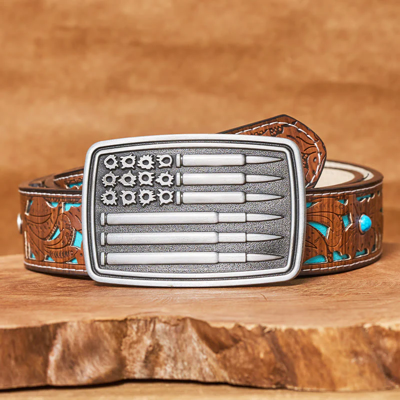Men's Silver Bullet Rectangular Buckle Leather Belt - Image 4
