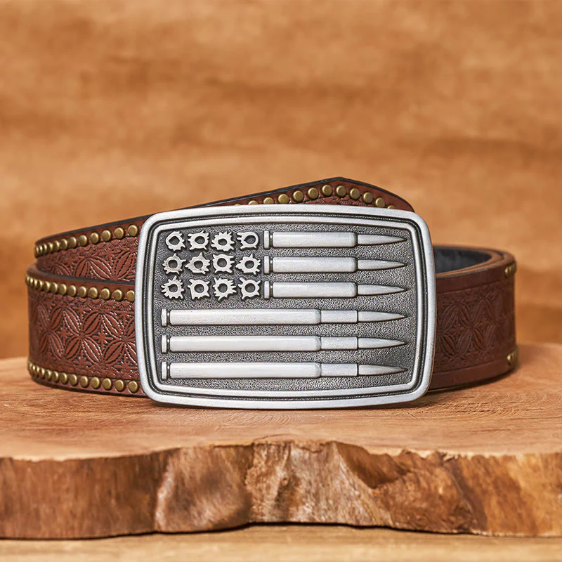 Men's Silver Bullet Rectangular Buckle Leather Belt - Image 5