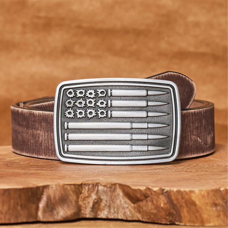 Men's Silver Bullet Rectangular Buckle Leather Belt - Image 6
