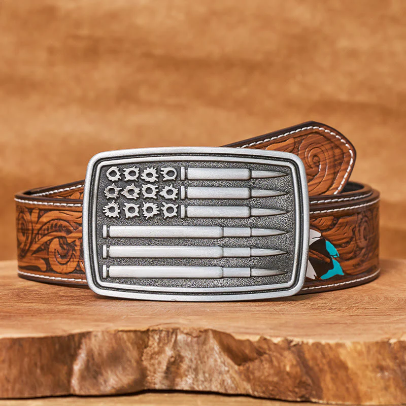 Men's Silver Bullet Rectangular Buckle Leather Belt - Image 8