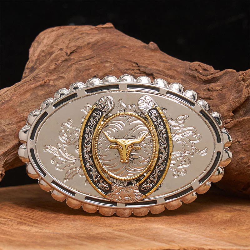 Men's Silver Carved Golden Bull Head Ellipse Buckle Leather Belt