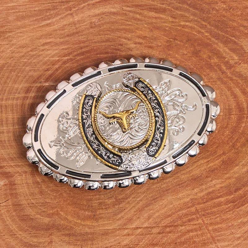 Men's Silver Carved Golden Bull Head Ellipse Buckle Leather Belt - Image 2