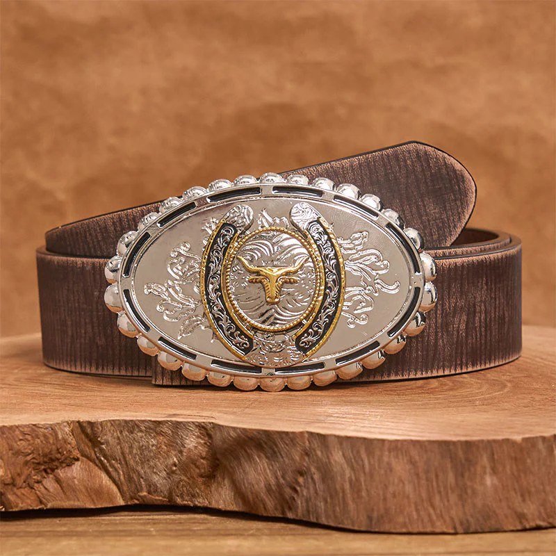 Men's Silver Carved Golden Bull Head Ellipse Buckle Leather Belt - Image 6