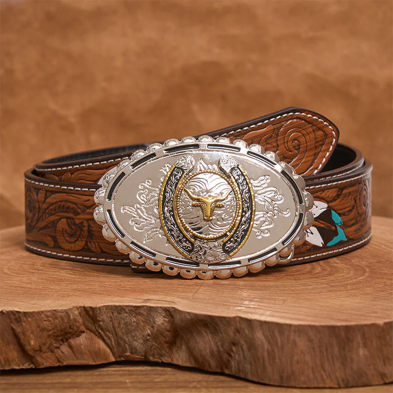 Men's Silver Carved Golden Bull Head Ellipse Buckle Leather Belt - Image 8